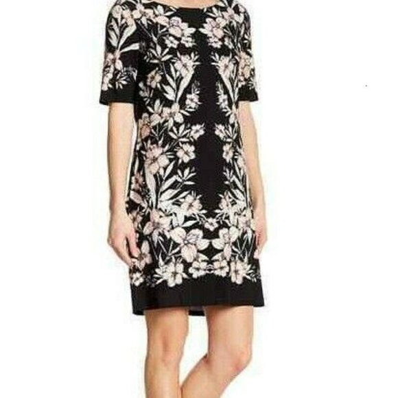 Eliza J Dresses & Skirts - Eliza J Shift Dress Floral Short Elbow Sleeve Black Pink Flowers Size 8